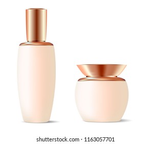 Cosmetics lotion bottle cream jar mockup set. Vector illustration template with gold caps. EPS10.