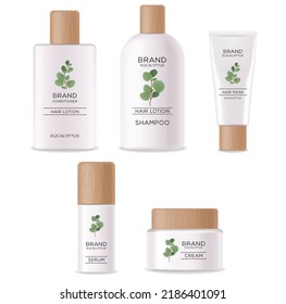 Cosmetics lotion bottle set. White bottle cosmetic and wood design. Realistic hair lotion set.  Eucalyptus cosmetics collection isolated on white background