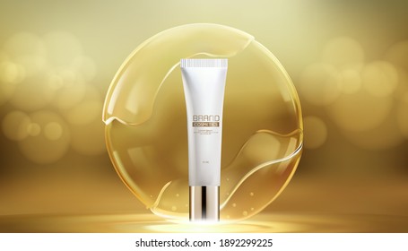 Cosmetics Lotion  Bottle Whit Gold Spherical Elegant on Gold Upon Water.Bokeh Background.3D illustration.