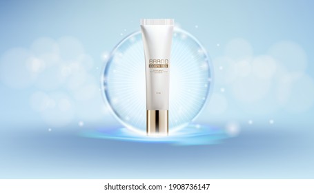 Cosmetics Lotion Bottle Whit White and Blue Spherical Elegant on Blue Upon Water.Bokeh Background.3D illustration.