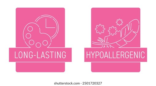 Cosmetics main benefits badges set - long-lasting, hypoallergenic