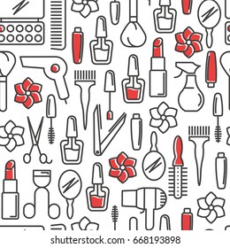 Cosmetics, make up and beauty accessories seamless pattern with thin line icons. Vector illustration.