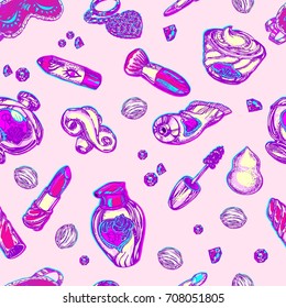cosmetics make up different things glamour fashion cosmetics pattern vector hand drawn