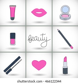 Cosmetics or make up icon set. Hand-drawn cartoon collection of cosmetic beauty products - lip gloss, lipstick, mascara, pencil, cushion, lips, nail polish. Doodle drawing icons. Vector illustration