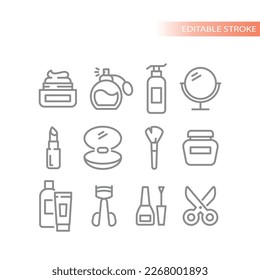 Cosmetics and make up line vector icon set. Makeup, lipstick, brush and lotion bottle outline icons.