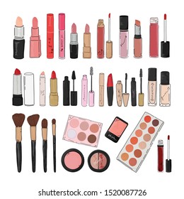 Cosmetics and make up objects and wellness items set in hand drawn doodle style vector.