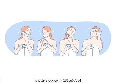 Cosmetics, make up, beauty concept. Young smiling woman cartoon character in towel applying facial cream on face, cheeks, neck and forehead before going to bed or in morning. Skincare treatment 