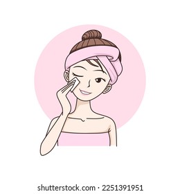 Cosmetics, make up, beauty concept. Young smiling woman cartoon character in towel cleaning face with lotion and cotton pad before going to bed or in morning. Skincare treatment illustration