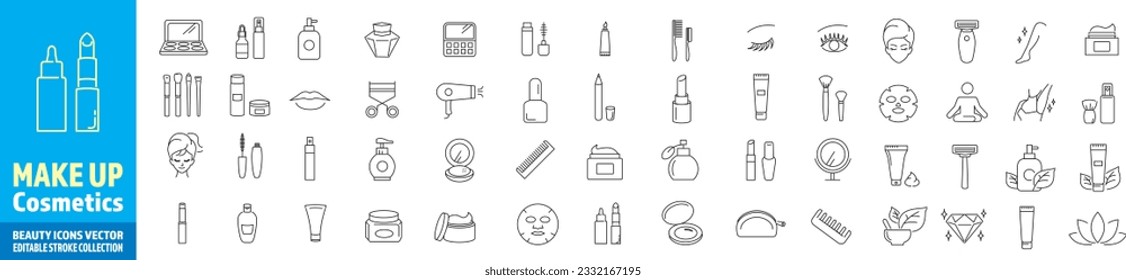 Cosmetics makeup beauty illustration icon collection vector set. 