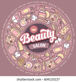 Cosmetics and makeup circle colorful design in line art doodle style. Vector illustration.