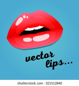 Cosmetics and makeup. Closeup beautiful lips of woman with red lipstick and gloss. Sexy wet lip make-up. Open mouth. Sweet kiss.