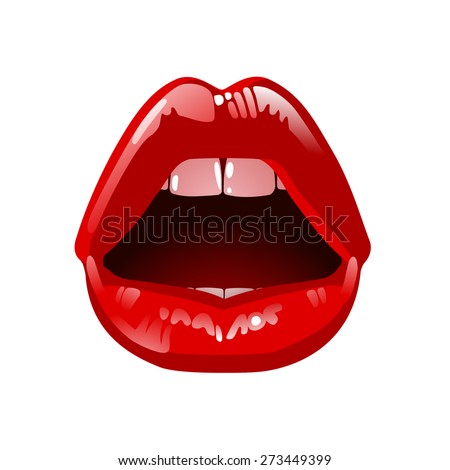 Cosmetics and makeup. Closeup beautiful lips of woman with red lipstick and gloss. Sexy wet lip make-up. Open mouth. Sweet kiss.