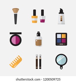 Cosmetics, makeup elements and skincare icons set with simple design, foundation, serum, cream, powder, brush, eye shadow, blush on, lipstick, mascara, mirror and comb. Vector Illustration.