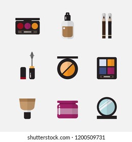 Cosmetics, makeup elements and skincare icons set with simple design, foundation, serum, cream, powder, brush, eye shadow, blush on, lipstick, mascara, mirror and comb. Vector Illustration.