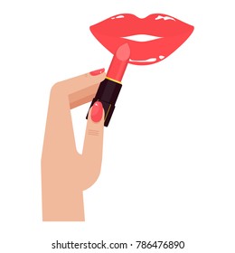Cosmetics and makeup. Hand paints lips with red lipstick. Flat vector cartoon illustration. Objects isolated on white background.