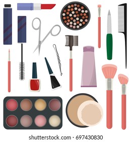 Cosmetics and makeup items on white background
