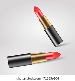 Cosmetics. Makeup. Lipstick. Realistic 3d mock-up of cosmetics. Red lipstick. Vector illustration design.