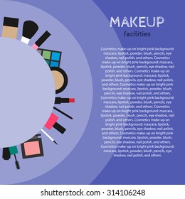 Cosmetics make-up on bright background: mascara, lipstick, powder, blush, pencils, eye shadow, nail polish, and others.