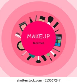 Cosmetics make-up on bright pink background: mascara, lipstick, powder, blush, pencils, eye shadow, nail polish, brush and others.