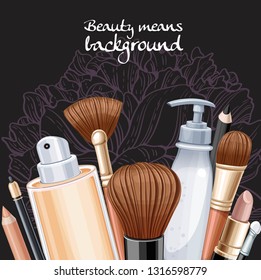 Cosmetics for make-up with pink peony flower on black background