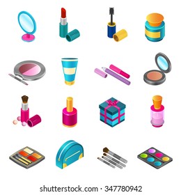 Cosmetics and make-up products icons set with isometric beauty and skin care bottles isolated vector illustration