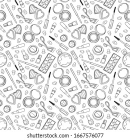 Cosmetics, makeup products. Mascara, eye shadow, powder, lipstick. Mirror and perfume. Seamless vector pattern (background).