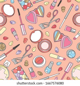 Cosmetics, makeup products. Mascara, eye shadow, powder, lipstick. Mirror and perfume. Seamless vector pattern (background).