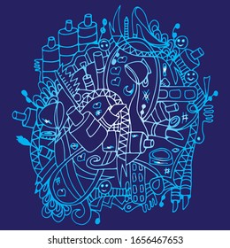 Cosmetics. Makeup products. Psychedelic pattern with a bright contour. Illustration on a black background.