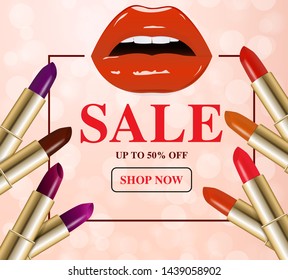 Cosmetics and make-up products sale. Lipstick colors. Wallpaper, flyer, invitation, poster, banners, discount, shop, market, special offer. Vector illustration