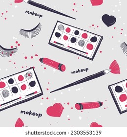 Cosmetics and makeup products for women, female palette and blush. Eyelashes and brushes, lip gloss or pencil, beauty routine. Seamless pattern, background print or wallpaper. Vector in flat style