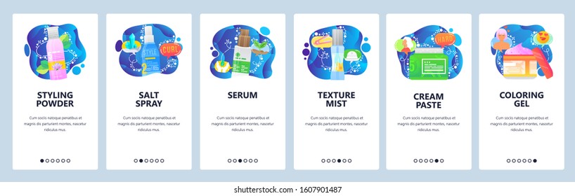 Cosmetics and makeup, salt spray, serum, cream, beauty industry. Mobile app onboarding screens. Menu vector banner template for website and mobile development. Web site design flat illustration.