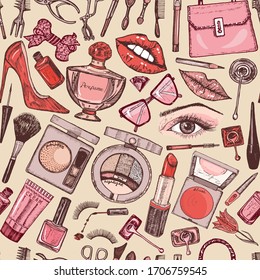Cosmetics for Makeup seamless pattern for background. Doodle A collection of female products. Decorative Elements for a beauty salon. Hand drawn vintage engraved sketch. Outline stickers. Eye Lips.
