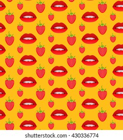 Cosmetics and makeup seamless pattern. Closeup beautiful lips of woman with red lipstick and gloss. Sexy wet lip make-up. Open mouth. Sweet kiss.