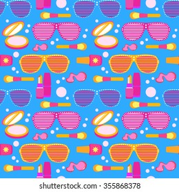 Cosmetics and makeup seamless pattern. Glamour vector illustration with glass, powder, nail polish etc