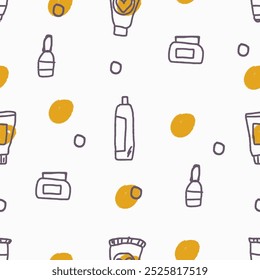 Cosmetics and makeup seamless pattern in line art style. Doodle childish naive vector illustration. Contour lines background. Dropper bottle for oil, face cream, hand cream, gel, moose, serum.
