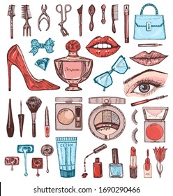 Cosmetics for Makeup Set. Doodle A collection of female products. Decorative Elements for a beauty salon. Hand drawn vintage engraved sketch. Outline stickers. Eye Lips Blush and maquillage Toiletry.