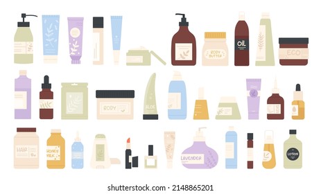 Cosmetics, makeup and skincare products set vector illustration. Cartoon moisturizer lotion and cream, gel and shampoo in plastic bottles, containers and tubes isolated on white. Beauty, salon concept