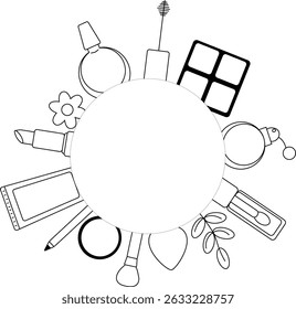 Cosmetics Makeup tools circle round frame template. Vector graphic line illustration. Black and white cosmetic makeup art. design for fashion graphics, textile prints, fabrics, wallpapers.

