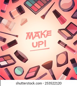 A lot of cosmetics for makeup. Vector illustration.