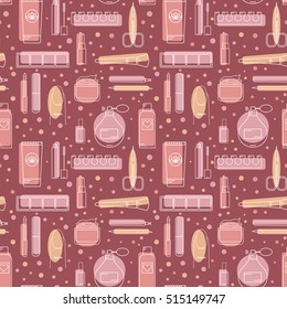 Cosmetics and manicure seamless vector pattern. Color line style.