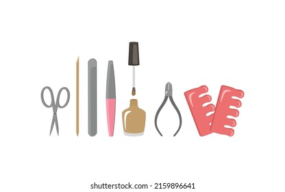 Cosmetics And Manicure Tools. Nail Polish, Nail File, Scissors, Wire Cutters, Grape Stick. Vector Illustration, For Designer Decor. Flat Hand-drawn Style