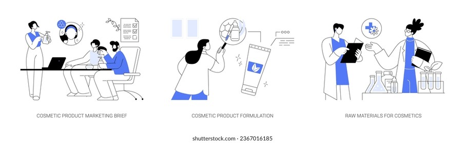 Conjunto de ilustraciones vectoriales de concepto abstracto de fabricación de cosméticos. Resumen de marketing de productos cosméticos, formulación de productos de belleza, materias primas e ingredientes para productos de cuidado de la piel metáfora abstracta.