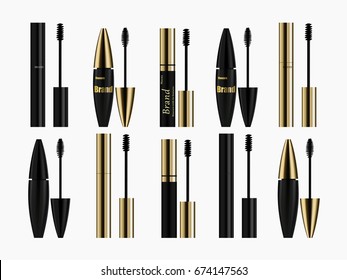 Cosmetics, mascara, different types, gold, black on a white background isolates. realistic vector 3D