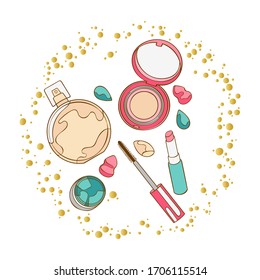 Cosmetics. Mascara, eye shadow, lipstick, powder, perfume, eau de toilette, perfume. Round golden frame. Art. Isolated vector objects on a white background.