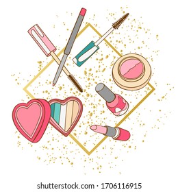 Cosmetics. Mascara, eye shadow, lipstick, powder, perfume, eau de toilette, perfume. Square golden frame. Art. Isolated vector objects on a white background.