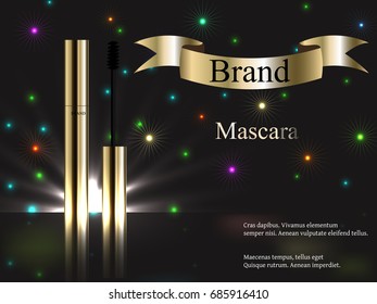 cosmetics, mascara gold on dark background with fireworks and bright spots, bright, brightly, celebration. Vector realistic 3D, advertising, banner, poster