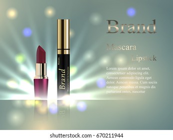 cosmetics mascara and lipstick on a delicate background with rays and spots of light. Design, advertising, banner, vector realistic 3D