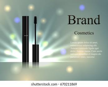 cosmetics mascara on the delicate background with rays and spots of light. Design, advertising, banner, vector realistic 3D