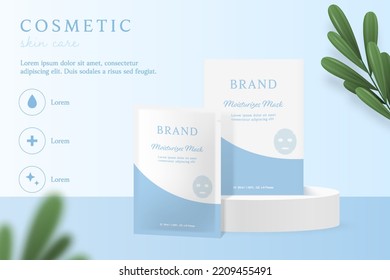 Cosmetics and mask ads template on blue background with leaves.