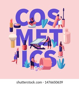 Cosmetics Masterclass for Face Care and Beauty Concept. Women in Beautician Parlor Testing Skin Care Products in Salon. Makeup Courses Poster Banner Flyer Brochure. Cartoon Flat Vector Illustration